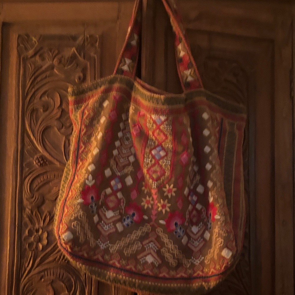 Johnny Was Multicolor Embroidered Tote in Brown, Red & Pink